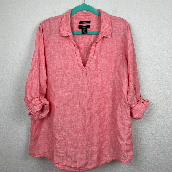 Tahari Tops - Tahari Linen Blouse Size 1X Plus Coral Faux Button Back Shirt Roll Tab Sleeves